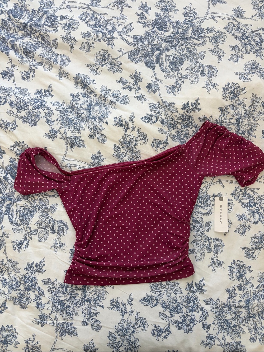 Anthropologie Burgundy Polka Dot Off-Shoulder Crop Top
